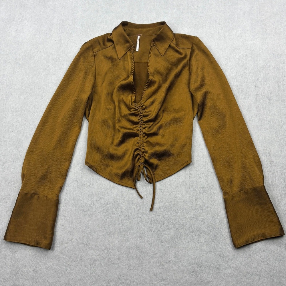 Free People Top Womens XS Gold Ochre Satin Ruched Drawstring Front Crop Blouse